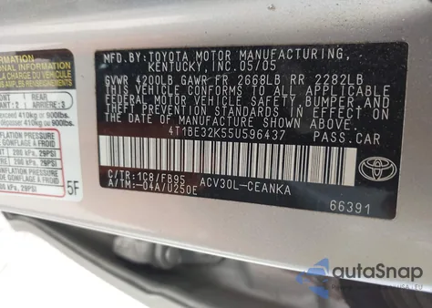 2005 Toyota Camry Le from USA, damaged, VIN 4T1BE32K55U596437